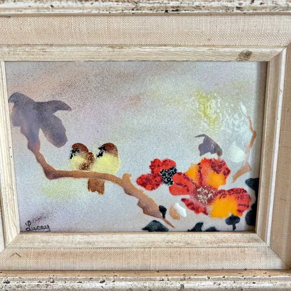 Vintage Jean Lucey Enamel on Copper Bird Art Carved Wood Frame